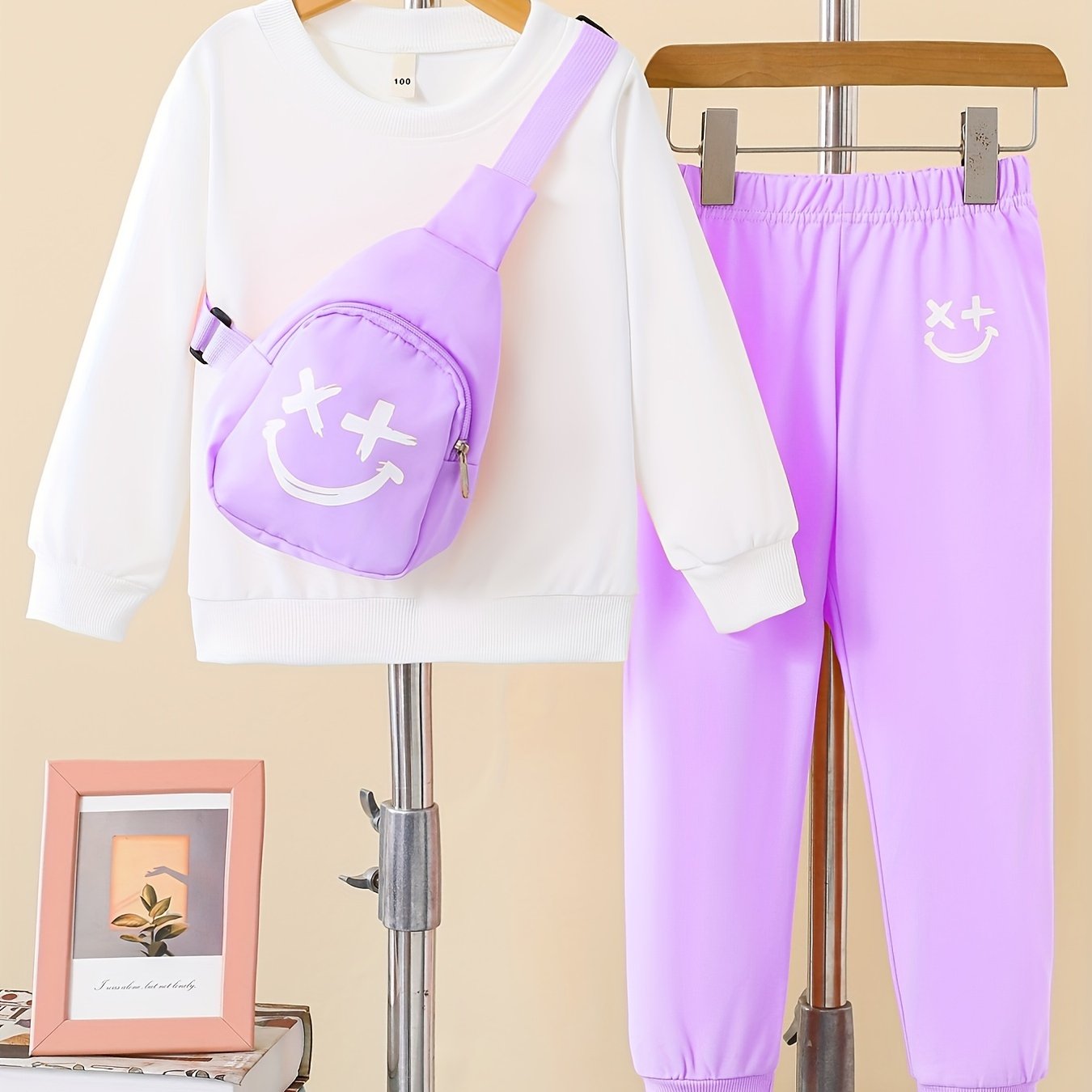 Girls 3pcs Trendy Sets, Solid Sweatshirt & Jogger Pants & Bag Sets Kids Clothes For Autumn Outdoor Sports