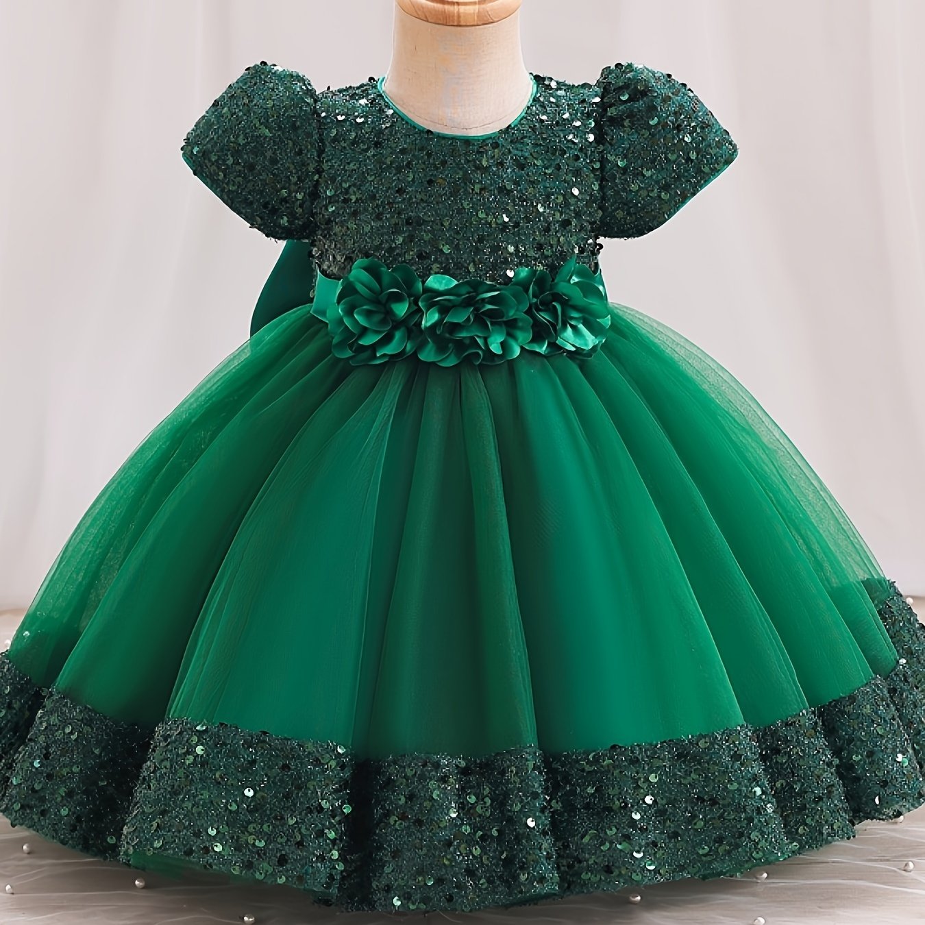 Gorgeous Sequin Flower Decor Puff Short Sleeve Tutu Dress Princess Dress Girls Kids Clothes Party Christmas