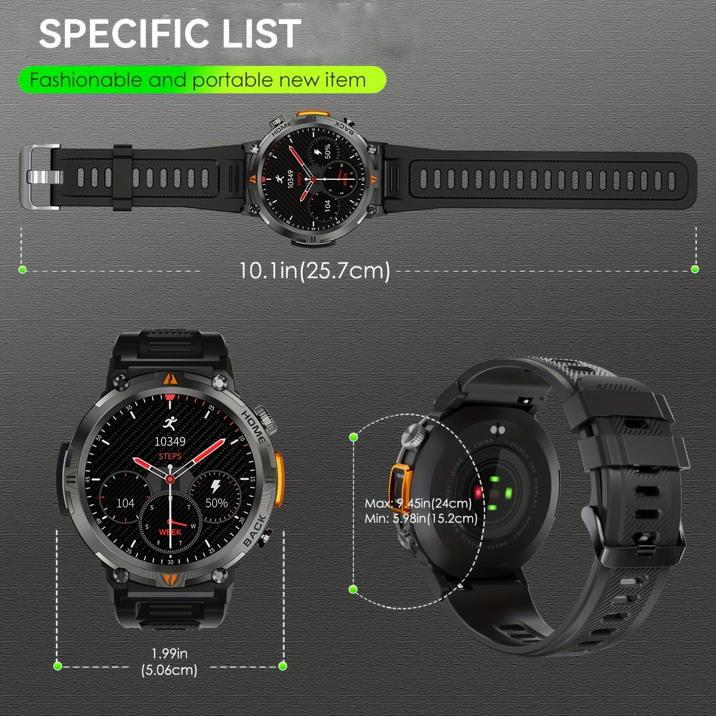 1pc JELLOO Men'S Smartwatch with 360p TFT Display, 1.45" Screen, 300mAh Rechargeable Battery, 3ATM Water Resistance, Wireless 5.2, USB Charging, LED Flashlight, Pedometer, Sports Modes, Compatible with iPhone & Android - Idea