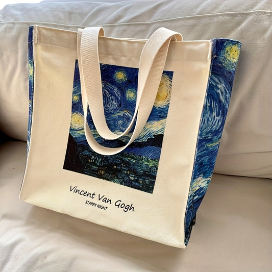 Starry Sky Vintage Oil Painting Zipper Books Handbag Large Tote For Women Shopping Extra Thick Canvas Female Shoulder Bag