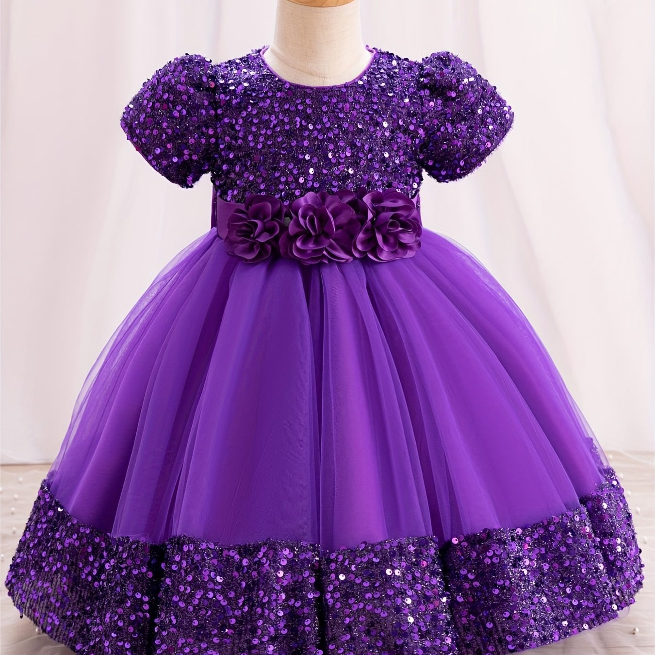 Gorgeous Sequin Flower Decor Puff Short Sleeve Tutu Dress Princess Dress Girls Kids Clothes Party Christmas
