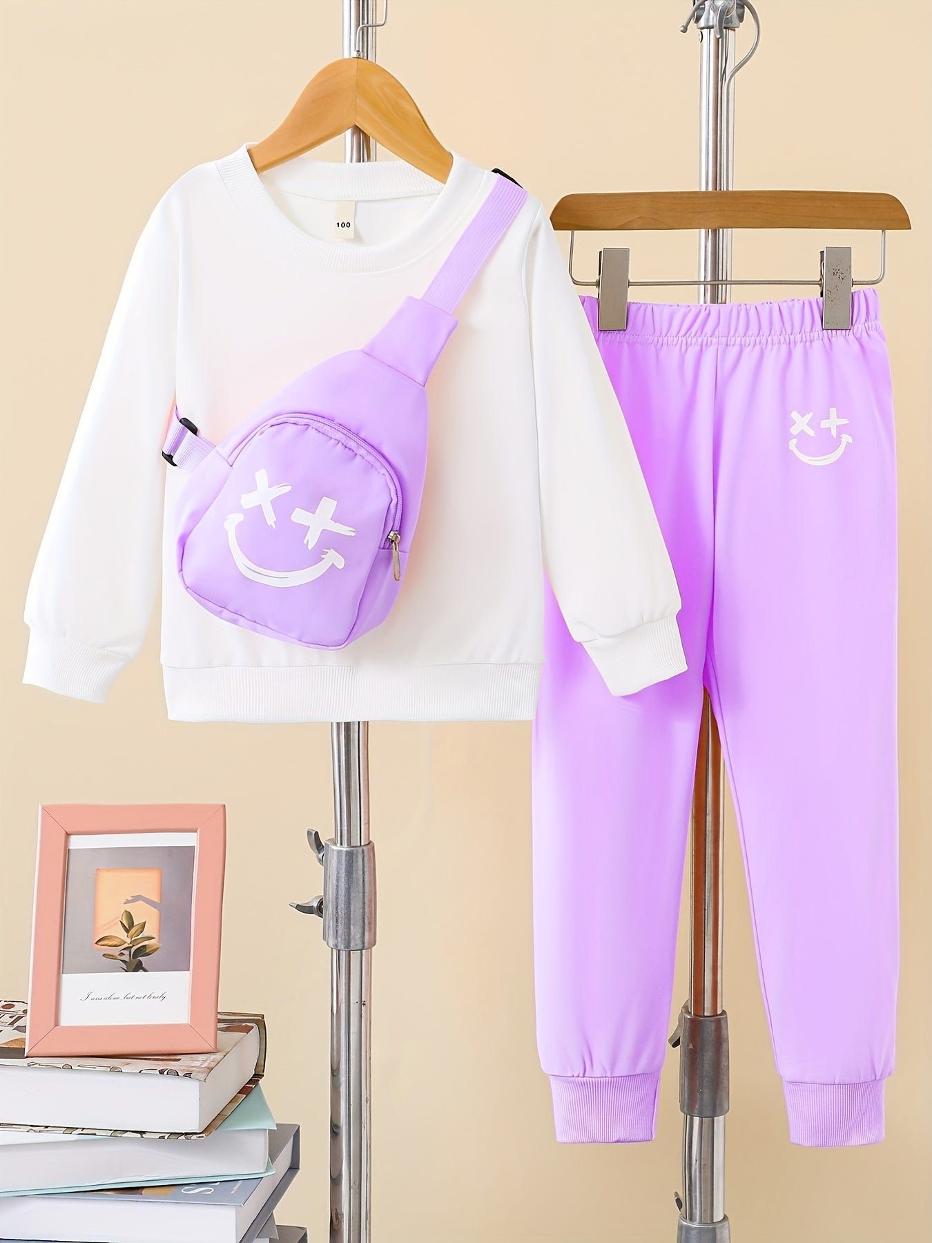 Girls 3pcs Trendy Sets, Solid Sweatshirt & Jogger Pants & Bag Sets Kids Clothes For Autumn Outdoor Sports