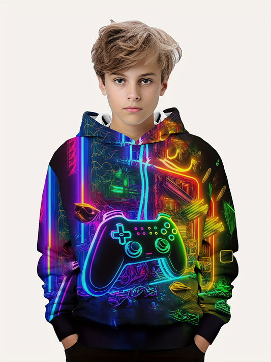Vibrant Colorful Gamepad Print Hoodie for Kids Boys - Soft, Cozy, and Stylish Winter Wear for Outdoor Play - Perfect for Casual Daily Use!