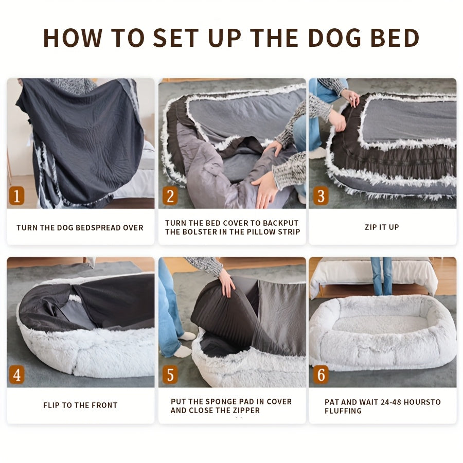 Gray Luxurious Orthopedic Memory Foam Dog Bed - Human-Sized, Washable Faux Fur, Includes Full Pillow, Blanket & Cushion - Ideal for Napping & Snuggling