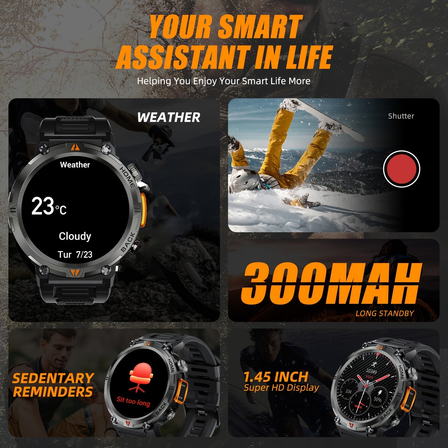 1pc JELLOO Men'S Smartwatch with 360p TFT Display, 1.45" Screen, 300mAh Rechargeable Battery, 3ATM Water Resistance, Wireless 5.2, USB Charging, LED Flashlight, Pedometer, Sports Modes, Compatible with iPhone & Android - Idea