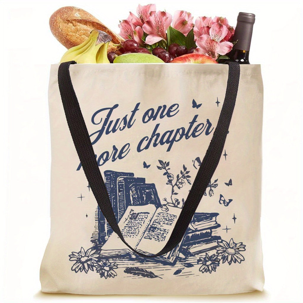 1pc Just One More Chapter Book Lover Tote Bag – Fun & Stylish Polyester Handbag for Women, Perfect Gift for Reading Enthusiasts, with Bookshelf & Butterfly Design, Casual Tote Bag | Literary Themed Tote | Contrasting Handle