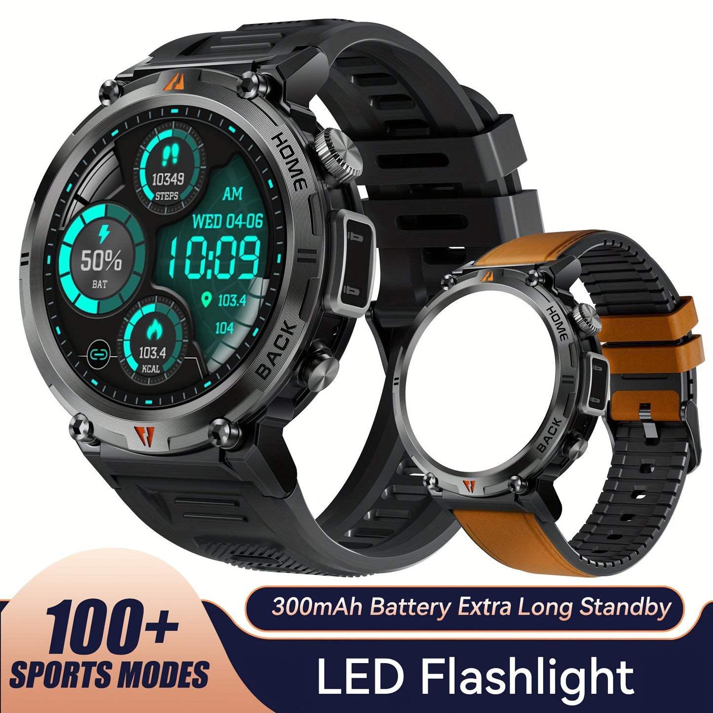 1pc JELLOO Men'S Smartwatch with 360p TFT Display, 1.45" Screen, 300mAh Rechargeable Battery, 3ATM Water Resistance, Wireless 5.2, USB Charging, LED Flashlight, Pedometer, Sports Modes, Compatible with iPhone & Android - Idea