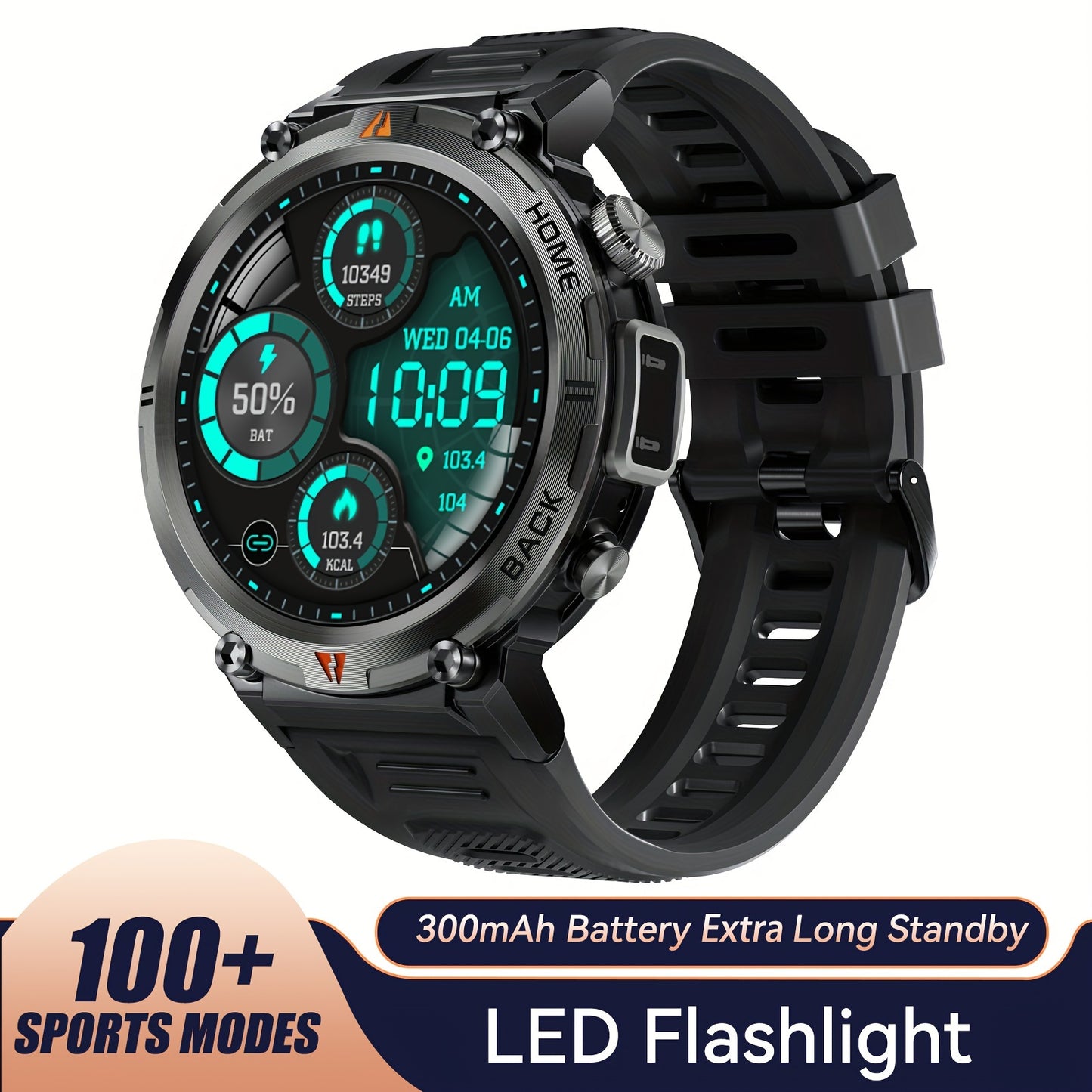 1pc JELLOO Men'S Smartwatch with 360p TFT Display, 1.45" Screen, 300mAh Rechargeable Battery, 3ATM Water Resistance, Wireless 5.2, USB Charging, LED Flashlight, Pedometer, Sports Modes, Compatible with iPhone & Android - Idea