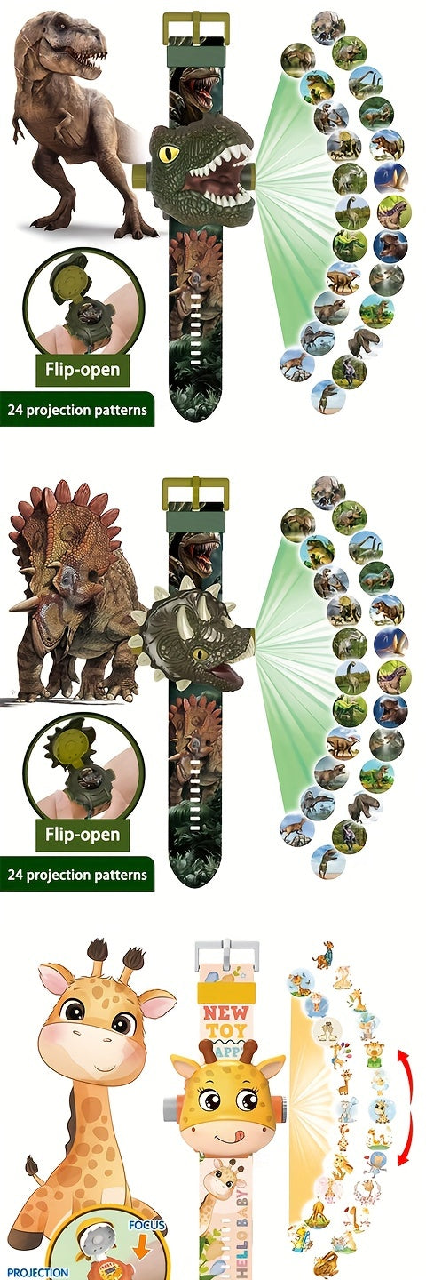 Children Dinosaur Projection Watch Electronic Watch For Kids Flip Watch Adjustable Digital Screen 3D Cartoon Animal 24 Projection Patterns Birthday Gift Educational Toy Christmas, Halloween Gift