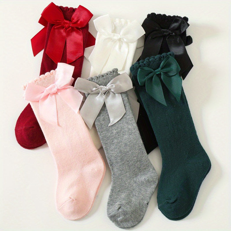 1pairs Baby Girls Cotton Big Bow Decor Cute Princess Over The Knee Socks, Girls Toddlers Kids Cute Lace Solid Color Long Stockings Dress Socks