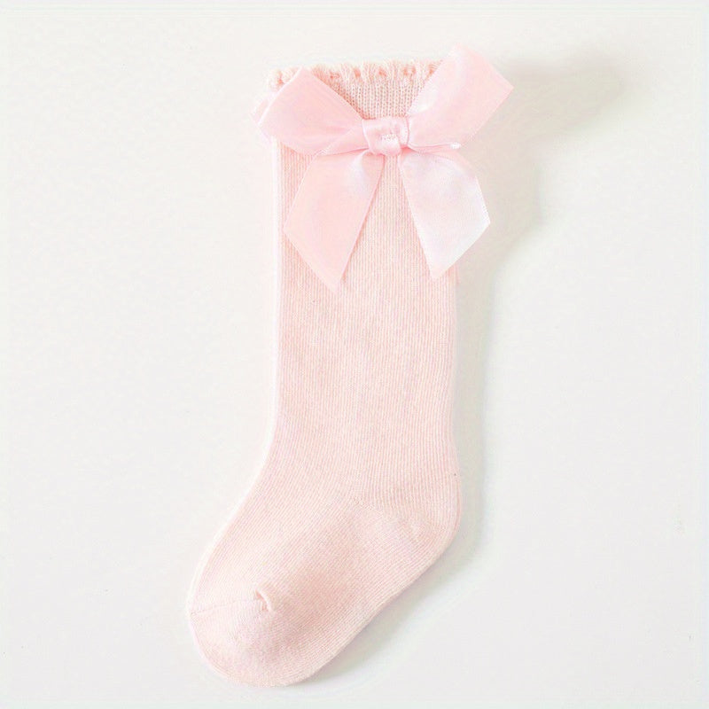 1pairs Baby Girls Cotton Big Bow Decor Cute Princess Over The Knee Socks, Girls Toddlers Kids Cute Lace Solid Color Long Stockings Dress Socks