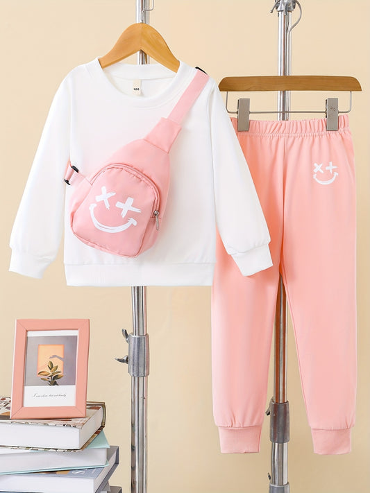 Girls 3pcs Trendy Sets, Solid Sweatshirt & Jogger Pants & Bag Sets Kids Clothes For Autumn Outdoor Sports