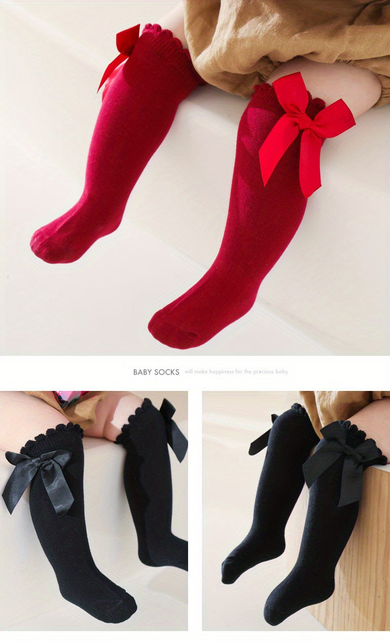1pairs Baby Girls Cotton Big Bow Decor Cute Princess Over The Knee Socks, Girls Toddlers Kids Cute Lace Solid Color Long Stockings Dress Socks