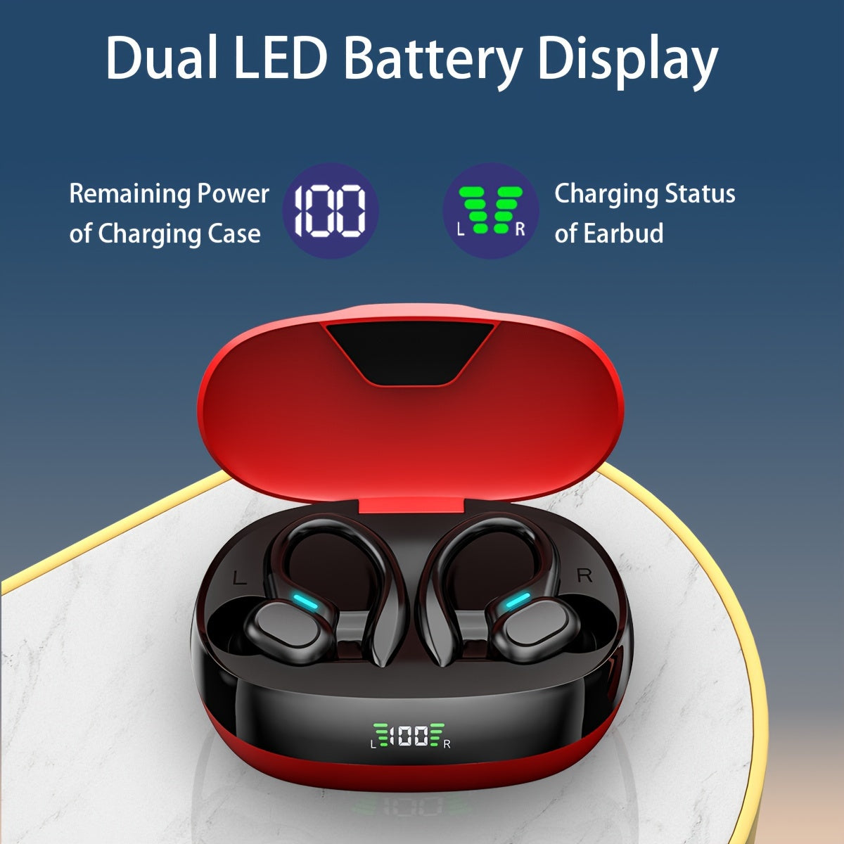LIFEBEE True Wireless Earbuds with Mic, TWS In-Ear Headphones with ENC Noise Cancelling, Touch Control Volume, Wireless Sports Earhook, LED Display Charging Case, Semi-Open-Back, Compatible with Cellphones, 300mAh Rechargeabl
