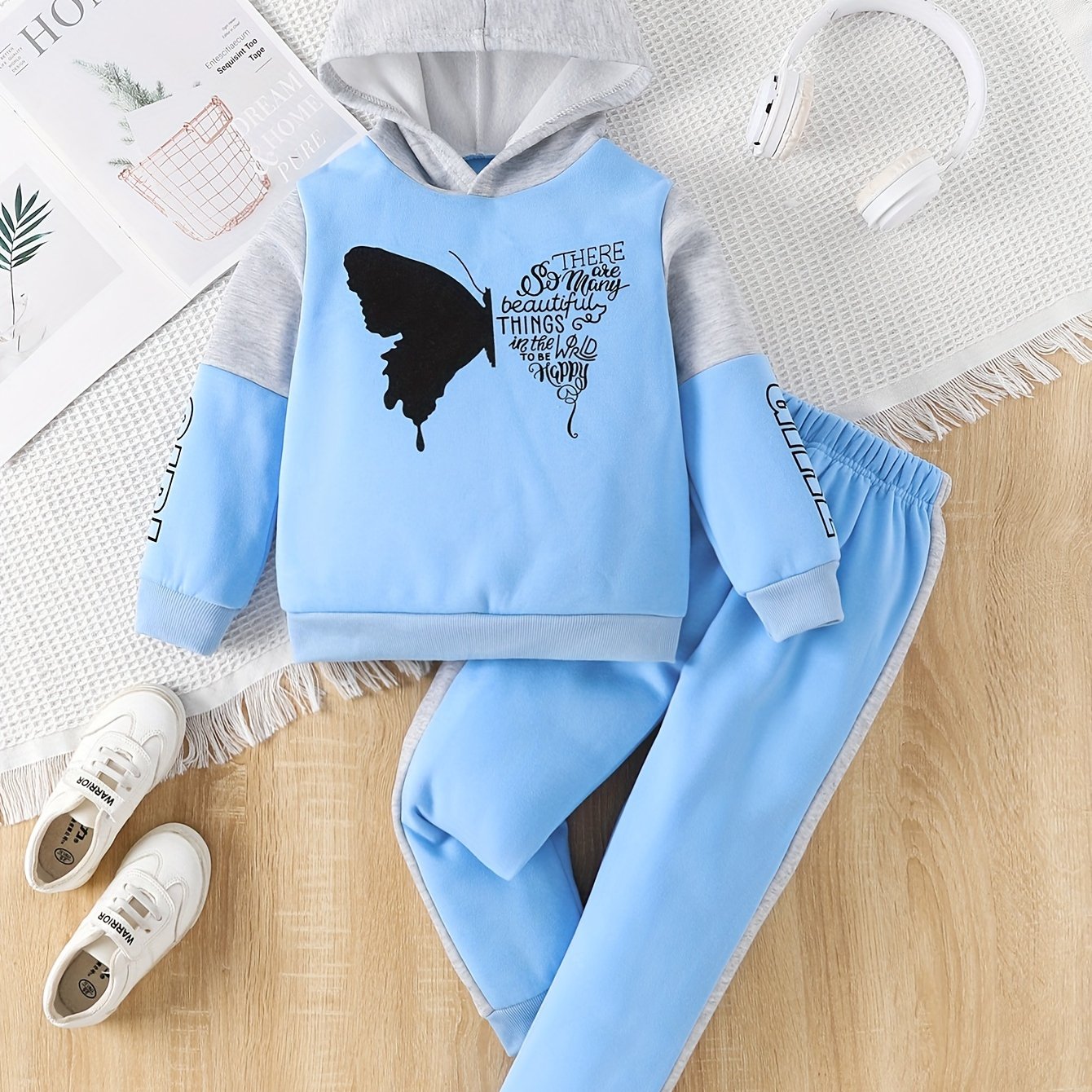 [For 4-12 Years Old Butterfly Sweatshirt] Girls 2-piece Butterfly Print Fleece Hooded Sweatshirt And Trousers Outdoor Set Kids Pre Teen Girls Warm Active outdoor clothes For 4-12 Years Old, Outdoor Cloth