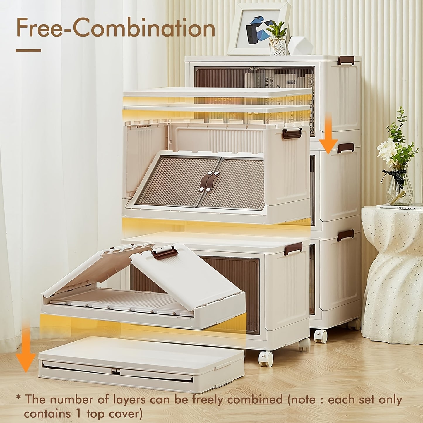 Foldable 19.69inch storage box 1/2/3 layers, large double opening storage organizer, large storage box with lid and wheels for clothes, snacks, and books, home office outdoor foldable container, kitchen storage cabinet