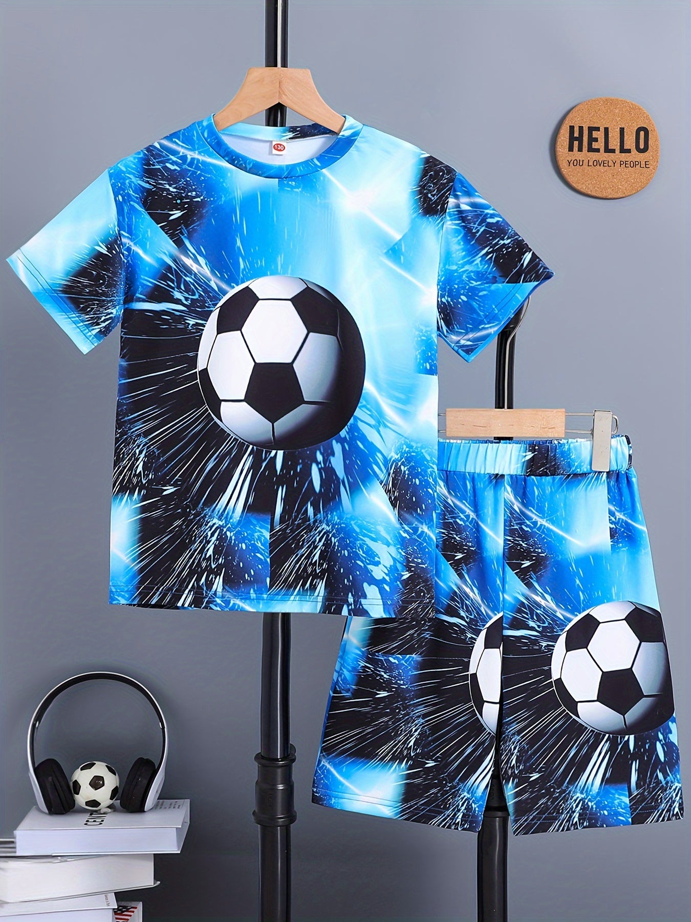 Boys Summer 2024 Collection, Casual Geometric-Patterned Soccer Ball Print, Knit Polyester with Slight Stretch, Loose Fit, Sporty Outfit Set for Kids, for Outdoor