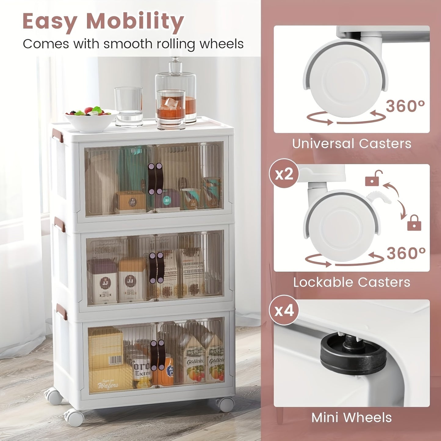 Foldable 19.69inch storage box 1/2/3 layers, large double opening storage organizer, large storage box with lid and wheels for clothes, snacks, and books, home office outdoor foldable container, kitchen storage cabinet
