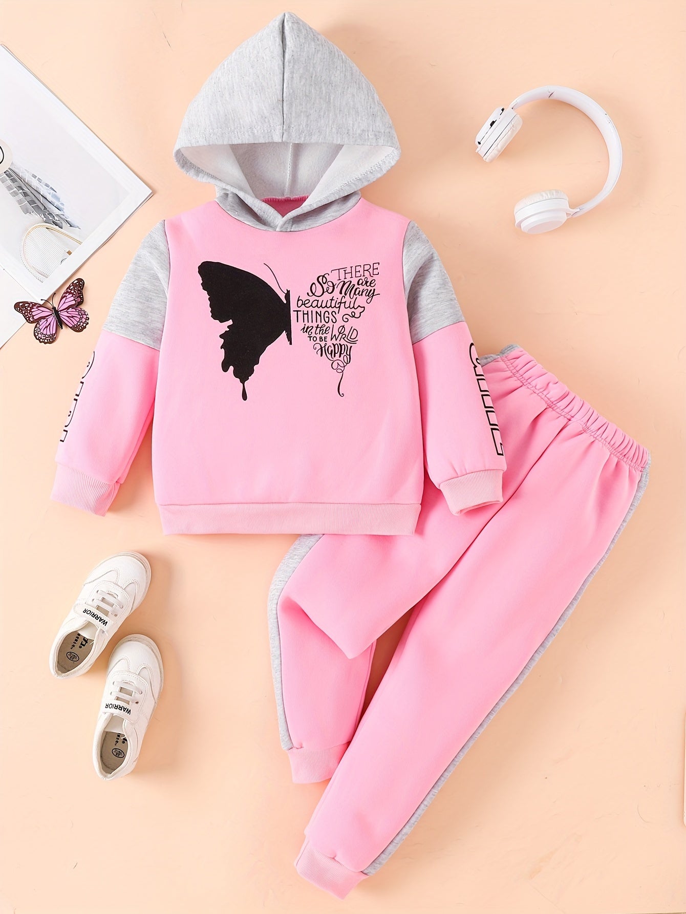 [For 4-12 Years Old Butterfly Sweatshirt] Girls 2-piece Butterfly Print Fleece Hooded Sweatshirt And Trousers Outdoor Set Kids Pre Teen Girls Warm Active outdoor clothes For 4-12 Years Old, Outdoor Cloth