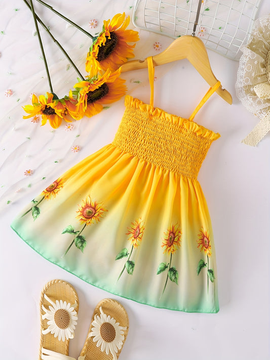 [Sunflower | Girls] Gradient Color Sunflower Princess Dress | Toddler Girls Shirred Cami Frill Trim | For Party Beach Vacation Kids Summer Clothes 4th Of July Outfit