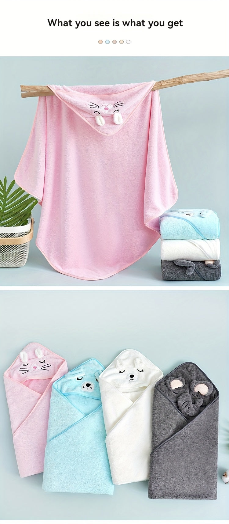 Super Absorbent Microfiber Baby Bathrobe - Adorable Elephant Hooded Towel with Matching Hat, Soft & Cozy for Boys and Girls 0-2 Years, Cartoon Design, Machine Washable, Baby Bath Accessories