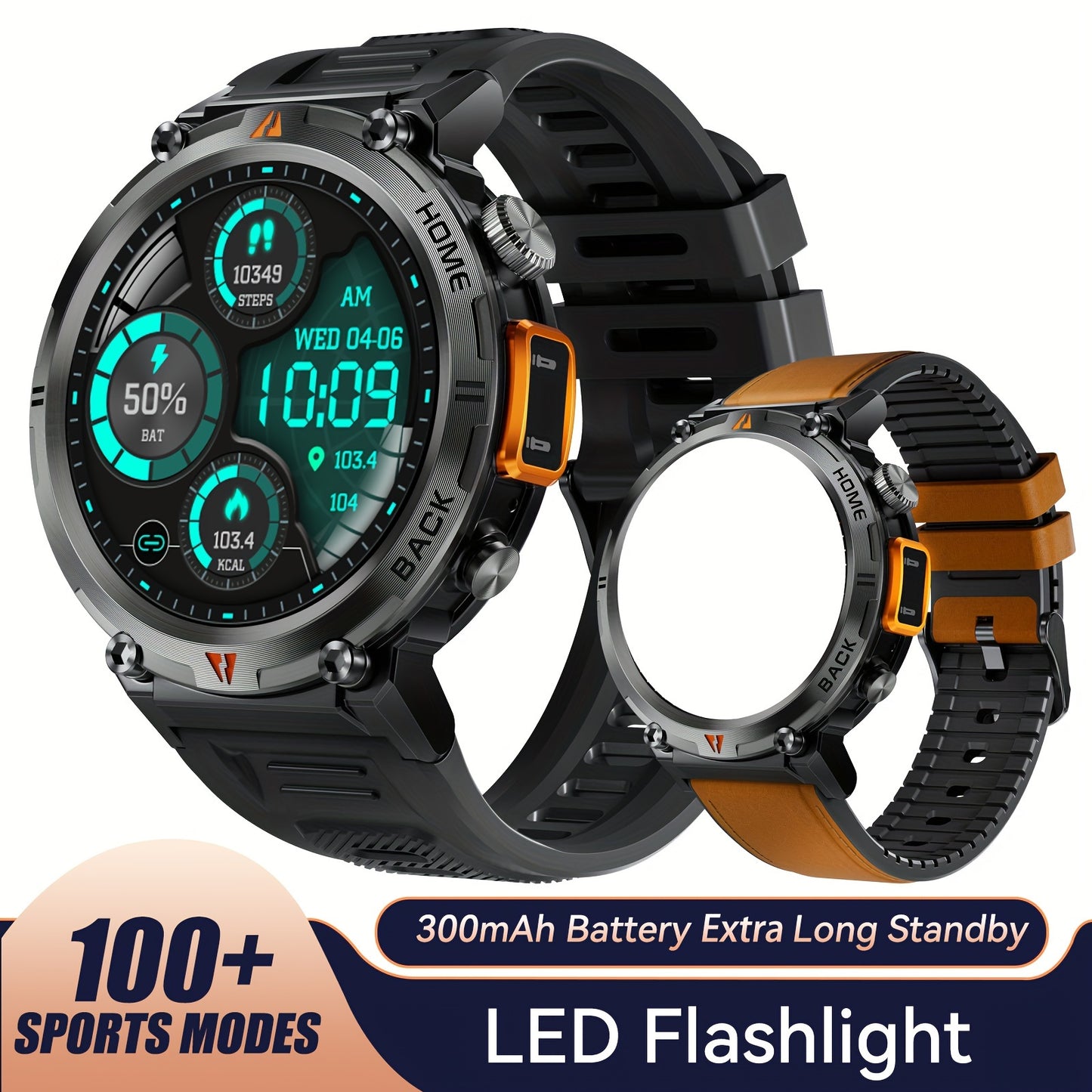 1pc JELLOO Men'S Smartwatch with 360p TFT Display, 1.45" Screen, 300mAh Rechargeable Battery, 3ATM Water Resistance, Wireless 5.2, USB Charging, LED Flashlight, Pedometer, Sports Modes, Compatible with iPhone & Android - Idea